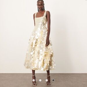 ARRANGE embellished disc sequin square neck full skirt midi dress in lemon